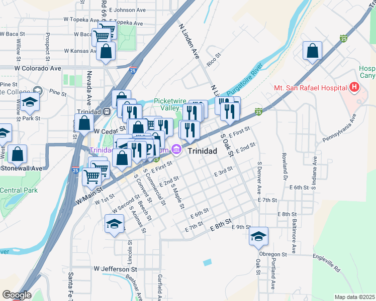 map of restaurants, bars, coffee shops, grocery stores, and more near 401 East Main Street in Trinidad