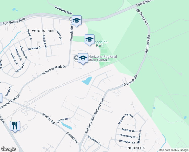 map of restaurants, bars, coffee shops, grocery stores, and more near 825 Wilderness Way in Newport News