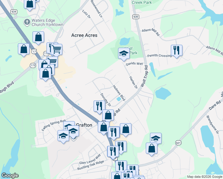 map of restaurants, bars, coffee shops, grocery stores, and more near 102 Kevin Court in Yorktown