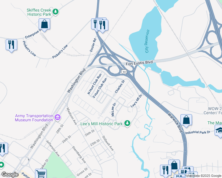 map of restaurants, bars, coffee shops, grocery stores, and more near 206 Quarter Trail in Newport News