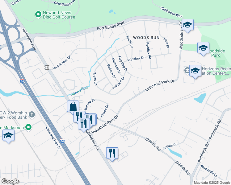 map of restaurants, bars, coffee shops, grocery stores, and more near 707 Halyard Drive in Newport News
