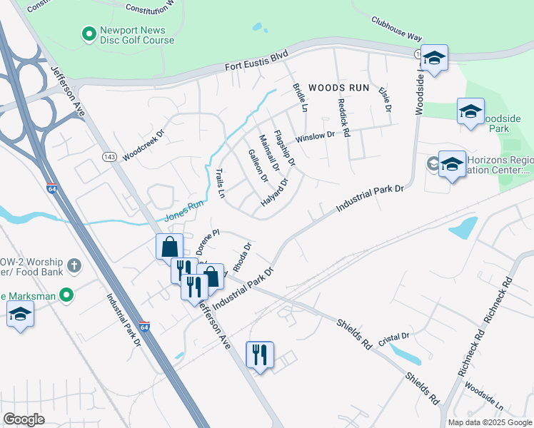 map of restaurants, bars, coffee shops, grocery stores, and more near 707 Halyard Drive in Newport News