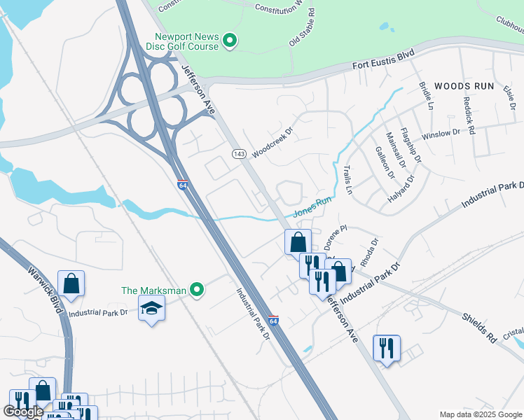 map of restaurants, bars, coffee shops, grocery stores, and more near 800 Skelton Way in Newport News
