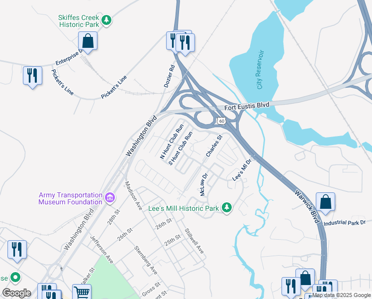 map of restaurants, bars, coffee shops, grocery stores, and more near 204 South Hunt Club Run in Newport News