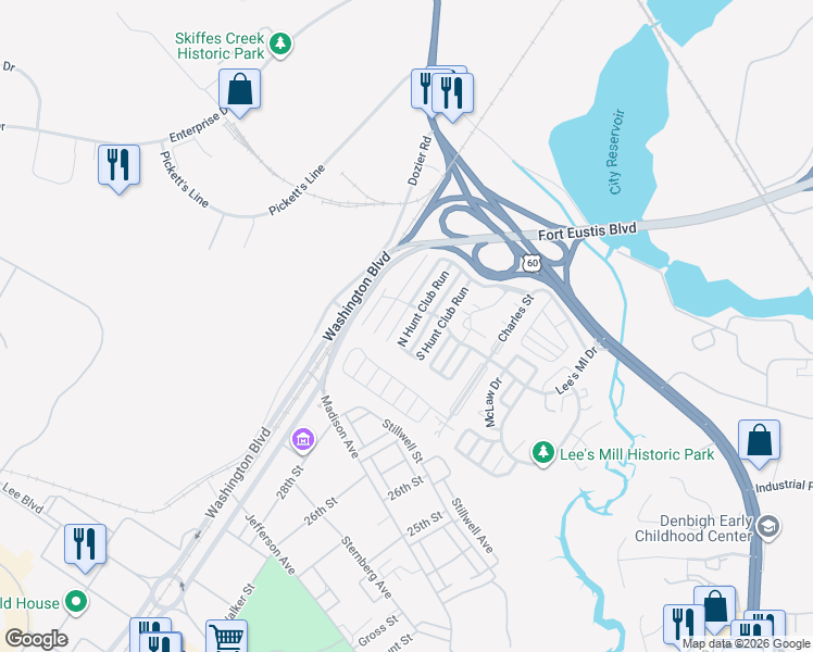 map of restaurants, bars, coffee shops, grocery stores, and more near 199 North Hunt Club Run in Newport News