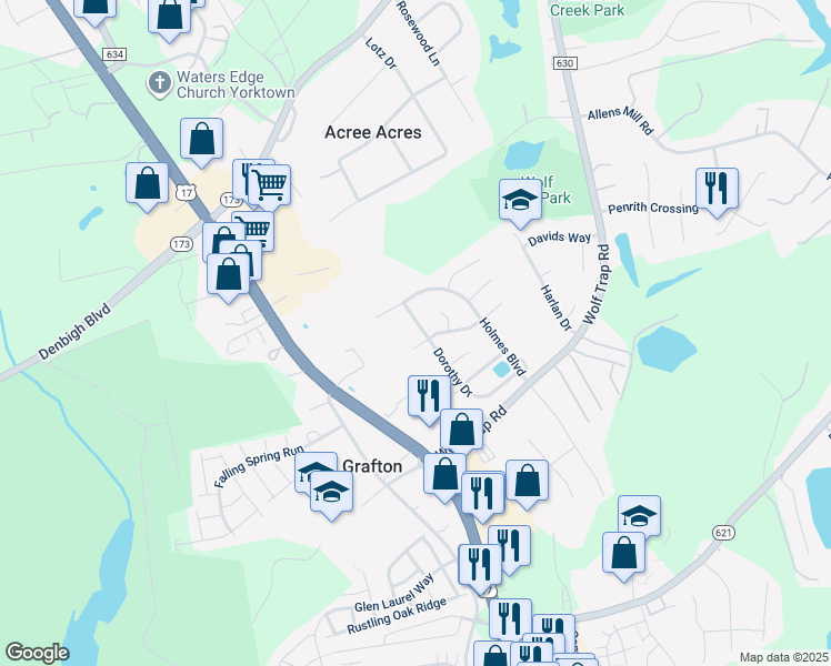map of restaurants, bars, coffee shops, grocery stores, and more near 405 Dorothy Drive in Yorktown