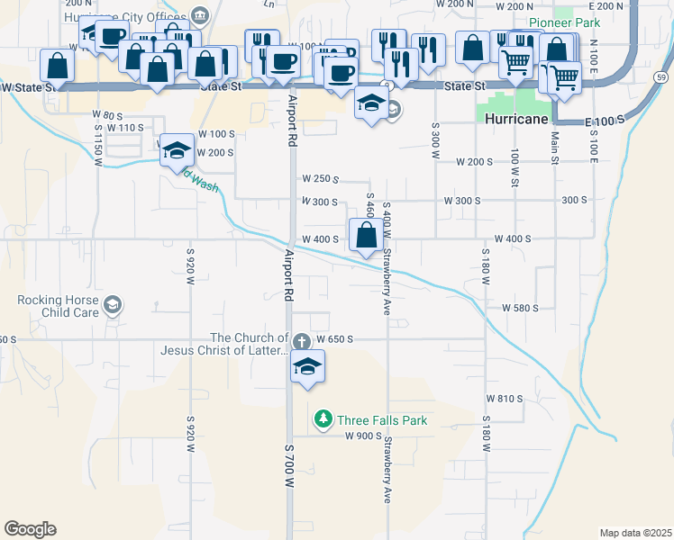 map of restaurants, bars, coffee shops, grocery stores, and more near 497 South 600 West in Hurricane