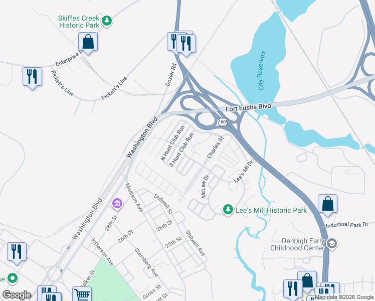 map of restaurants, bars, coffee shops, grocery stores, and more near 203 Quarter Trail in Newport News