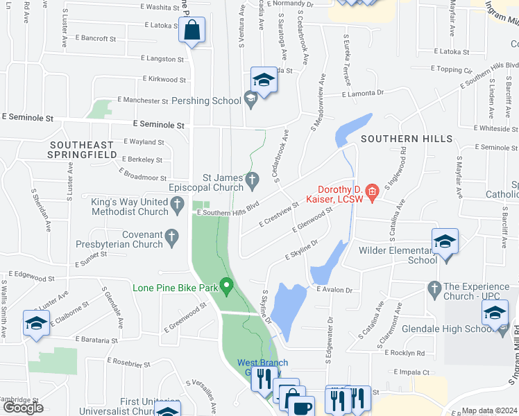 map of restaurants, bars, coffee shops, grocery stores, and more near 2656 East Southern Hills Boulevard in Springfield