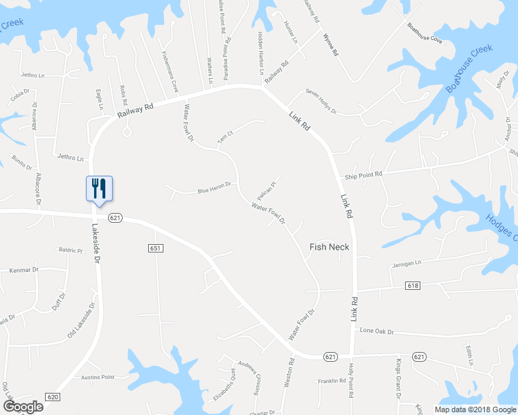 map of restaurants, bars, coffee shops, grocery stores, and more near 498 Water Fowl Drive in Yorktown