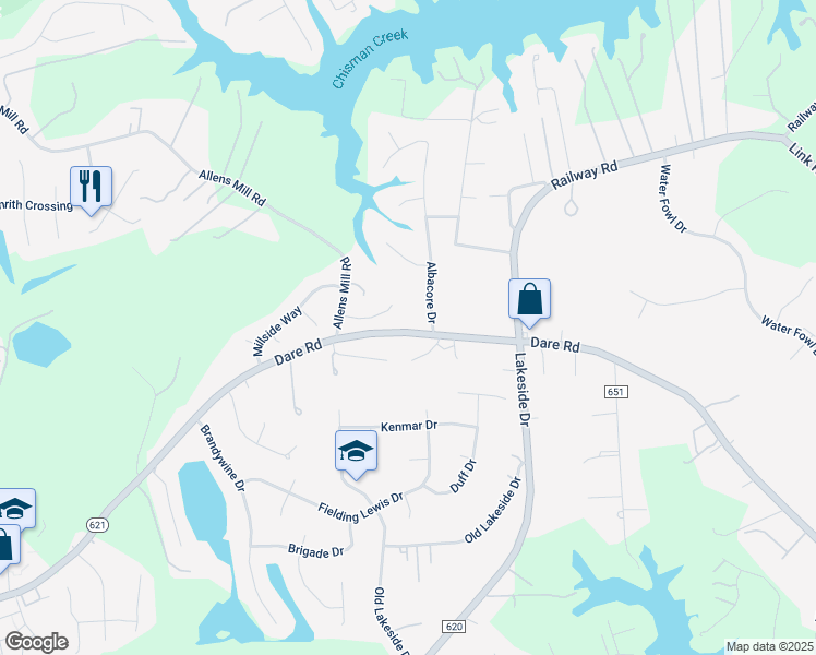 map of restaurants, bars, coffee shops, grocery stores, and more near 618 Dare Road in Yorktown