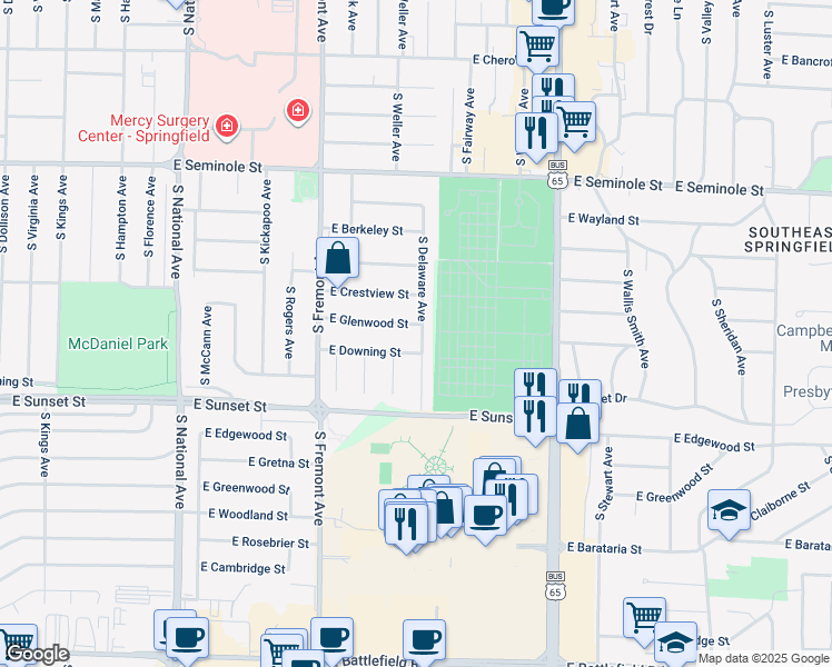 map of restaurants, bars, coffee shops, grocery stores, and more near 1527 East Glenwood Street in Springfield