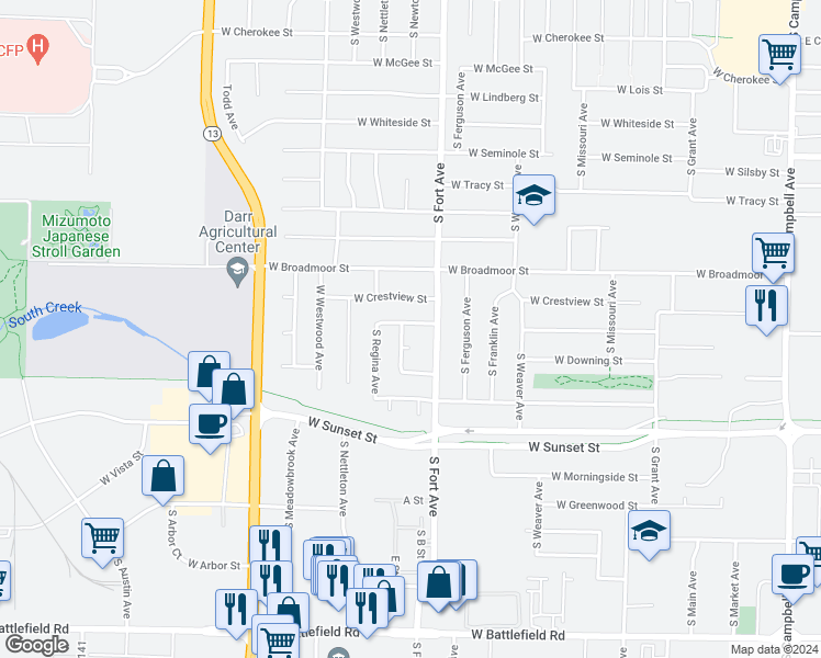 map of restaurants, bars, coffee shops, grocery stores, and more near 1328 West Glenwood Street in Springfield