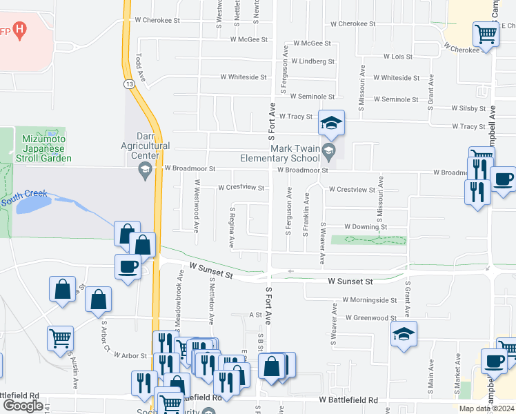 map of restaurants, bars, coffee shops, grocery stores, and more near 1320 West Glenwood Street in Springfield