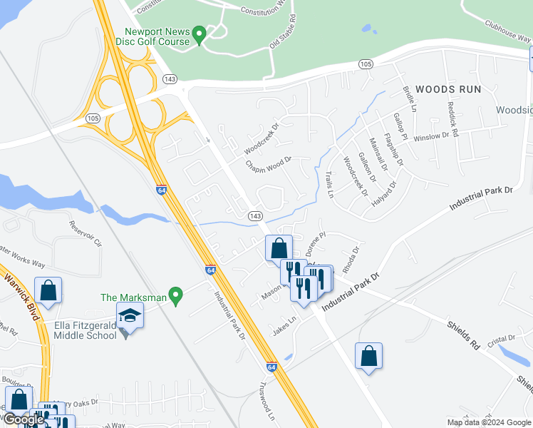 map of restaurants, bars, coffee shops, grocery stores, and more near 112 Whitewater Drive in Newport News