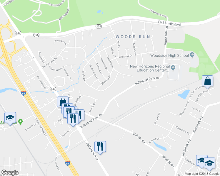 map of restaurants, bars, coffee shops, grocery stores, and more near 661 Trails Lane in Newport News