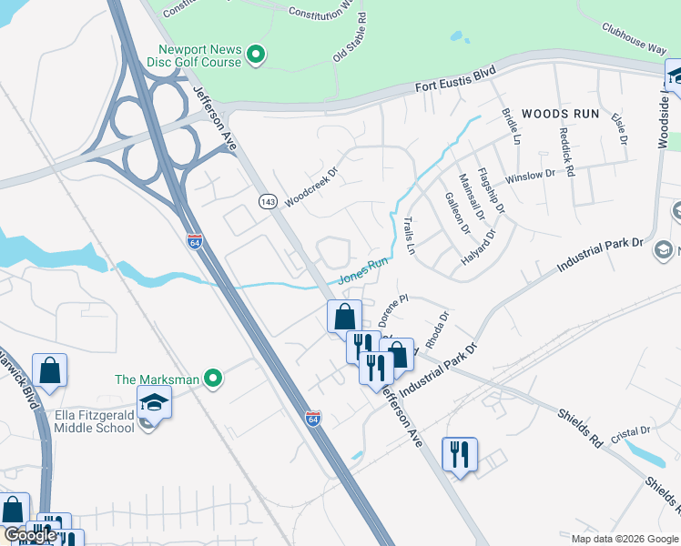 map of restaurants, bars, coffee shops, grocery stores, and more near 115 Whitewater Drive in Newport News