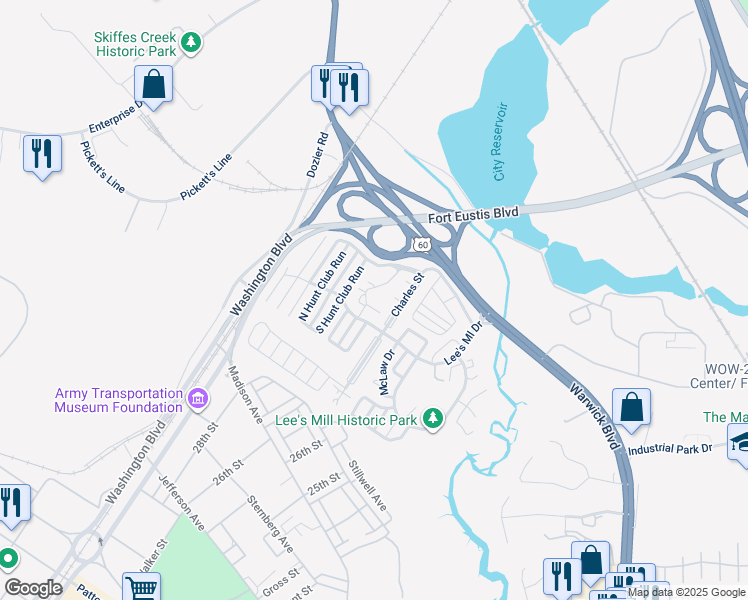 map of restaurants, bars, coffee shops, grocery stores, and more near 206 Quarter Trail in Newport News