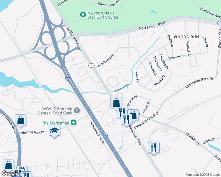 map of restaurants, bars, coffee shops, grocery stores, and more near 115 Whitewater Drive in Newport News