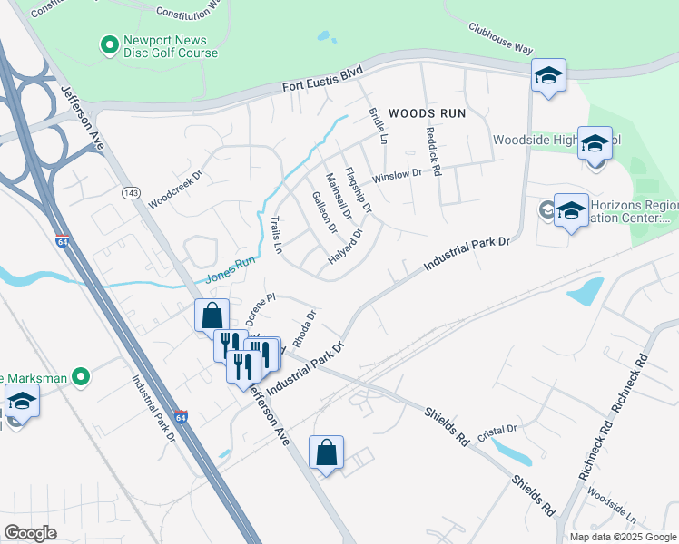 map of restaurants, bars, coffee shops, grocery stores, and more near 668 Trails Lane in Newport News