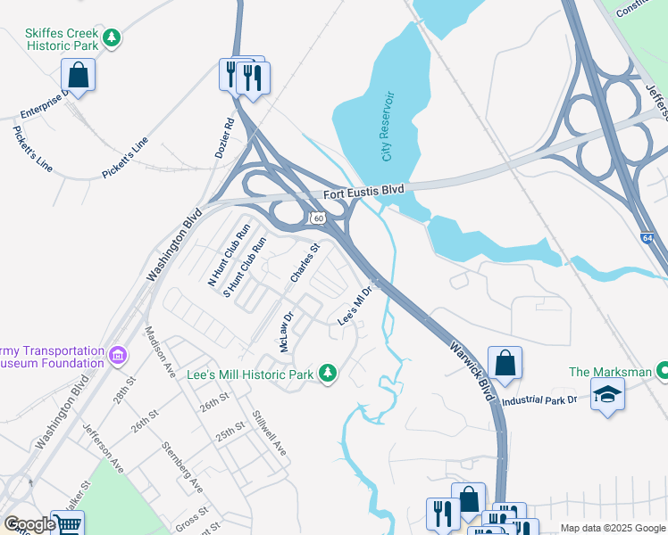map of restaurants, bars, coffee shops, grocery stores, and more near 105 Warks Crescent in Newport News