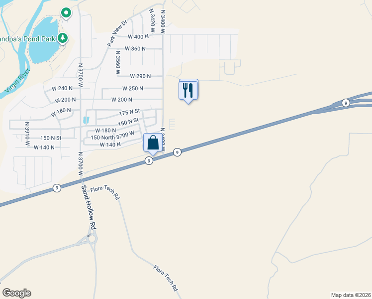 map of restaurants, bars, coffee shops, grocery stores, and more near Utah 9 in Hurricane