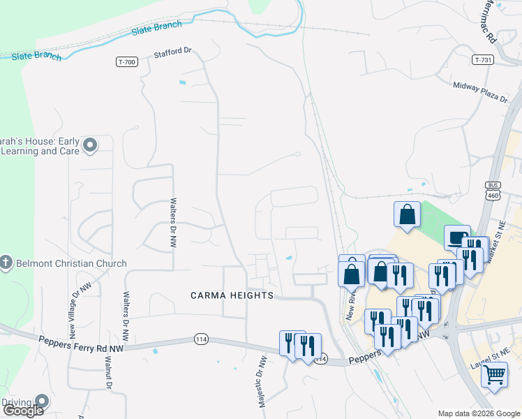 map of restaurants, bars, coffee shops, grocery stores, and more near 425 John Adams Drive Northwest in Christiansburg