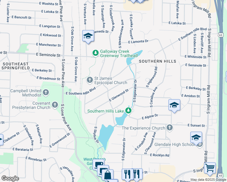 map of restaurants, bars, coffee shops, grocery stores, and more near 2370 South Cedarbrook Avenue in Springfield