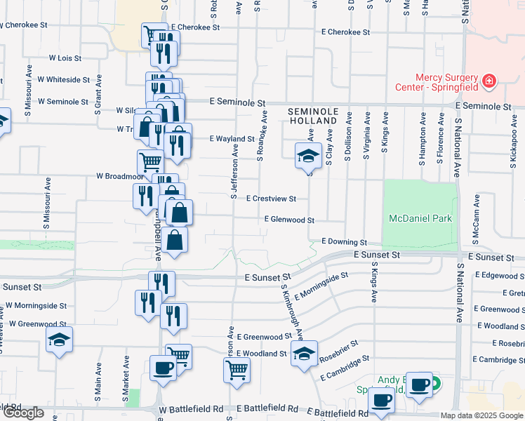 map of restaurants, bars, coffee shops, grocery stores, and more near 2452 South Roanoke Avenue in Springfield