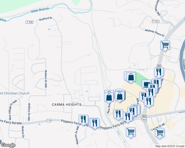 map of restaurants, bars, coffee shops, grocery stores, and more near 760 Jefferson Circle Northwest in Christiansburg