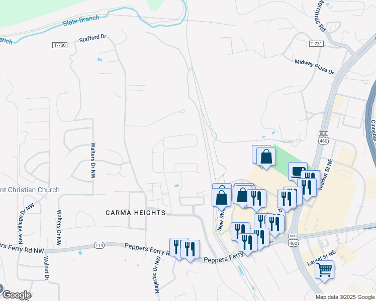 map of restaurants, bars, coffee shops, grocery stores, and more near 760 Jefferson Circle Northwest in Christiansburg