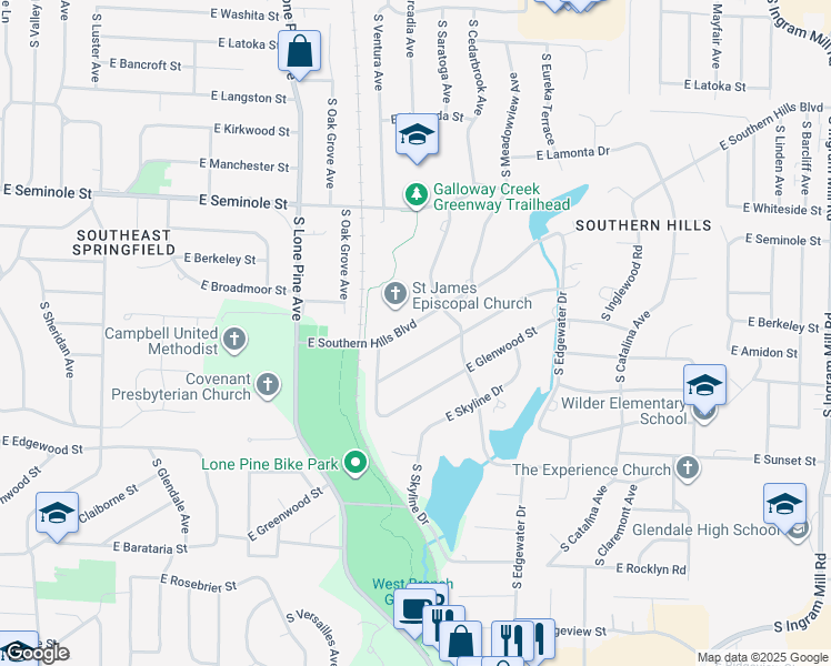 map of restaurants, bars, coffee shops, grocery stores, and more near 2702 East Southern Hills Boulevard in Springfield