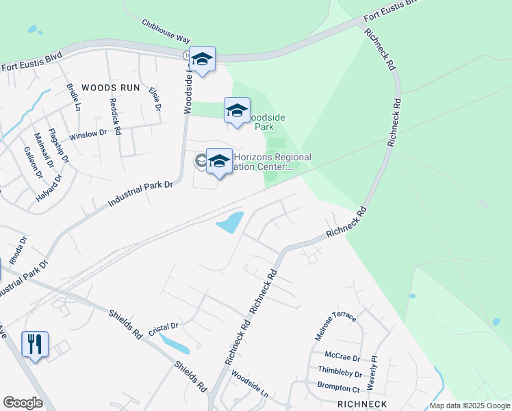 map of restaurants, bars, coffee shops, grocery stores, and more near 829 Wilderness Way in Newport News
