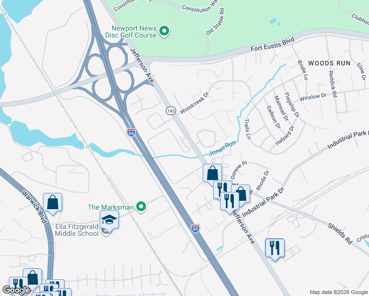 map of restaurants, bars, coffee shops, grocery stores, and more near 800 Skelton Way in Newport News