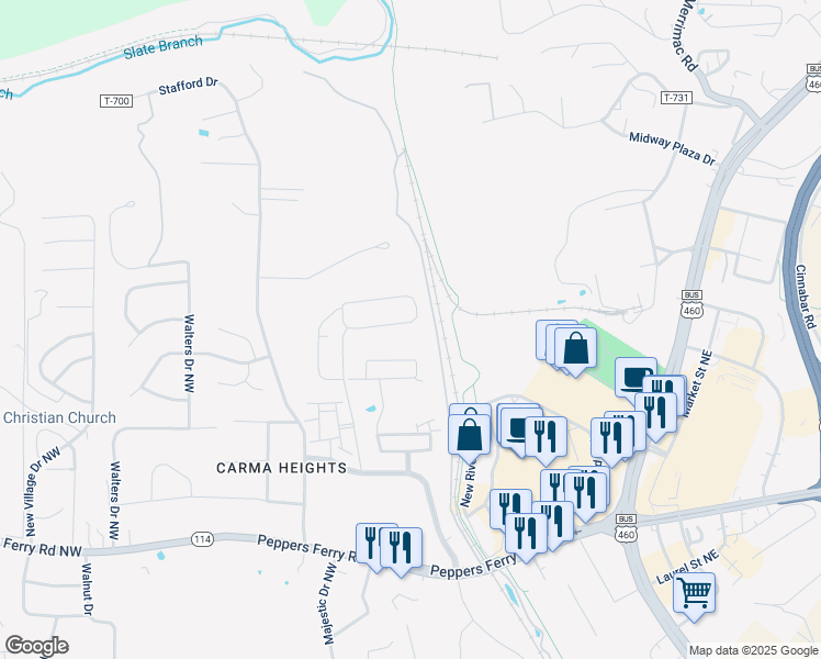 map of restaurants, bars, coffee shops, grocery stores, and more near 780 Jefferson Circle Northwest in Christiansburg