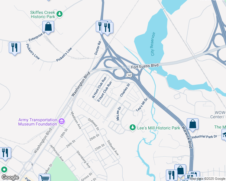 map of restaurants, bars, coffee shops, grocery stores, and more near 208 Quarter Trail in Newport News