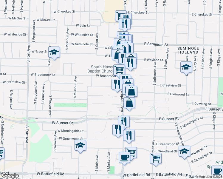 map of restaurants, bars, coffee shops, grocery stores, and more near 500 West Crestview Street in Springfield