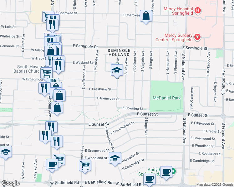 map of restaurants, bars, coffee shops, grocery stores, and more near 2441 South Holland Avenue in Springfield