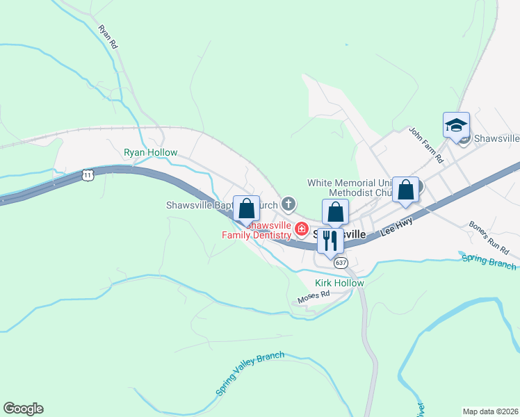 map of restaurants, bars, coffee shops, grocery stores, and more near 3829 Oldtown Road in Shawsville