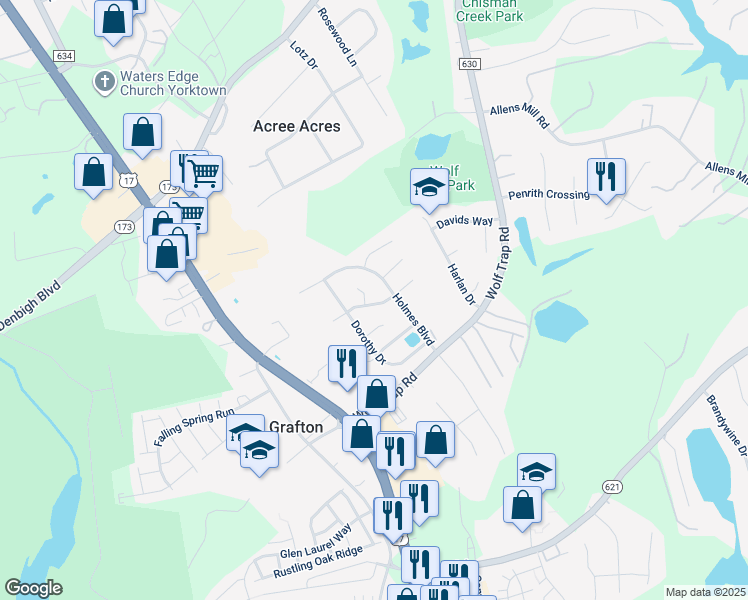 map of restaurants, bars, coffee shops, grocery stores, and more near 108 Trevor Trce in Yorktown
