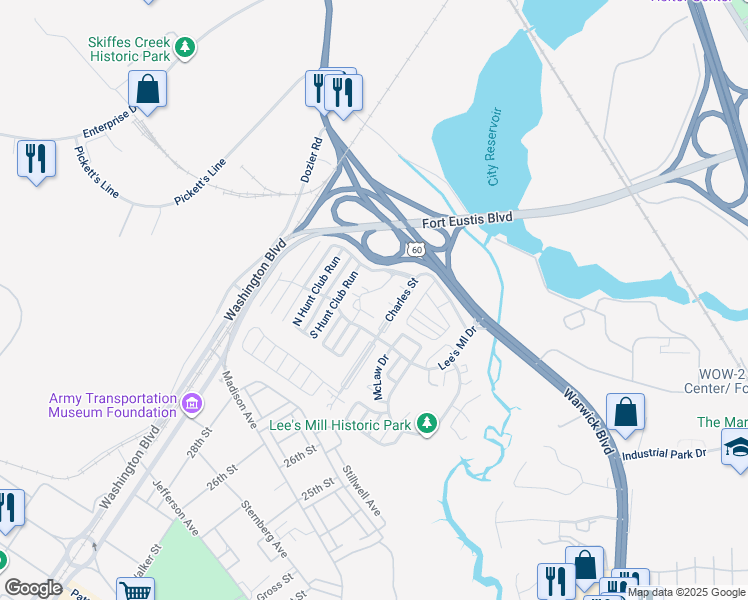 map of restaurants, bars, coffee shops, grocery stores, and more near 210 Quarter Trail in Newport News