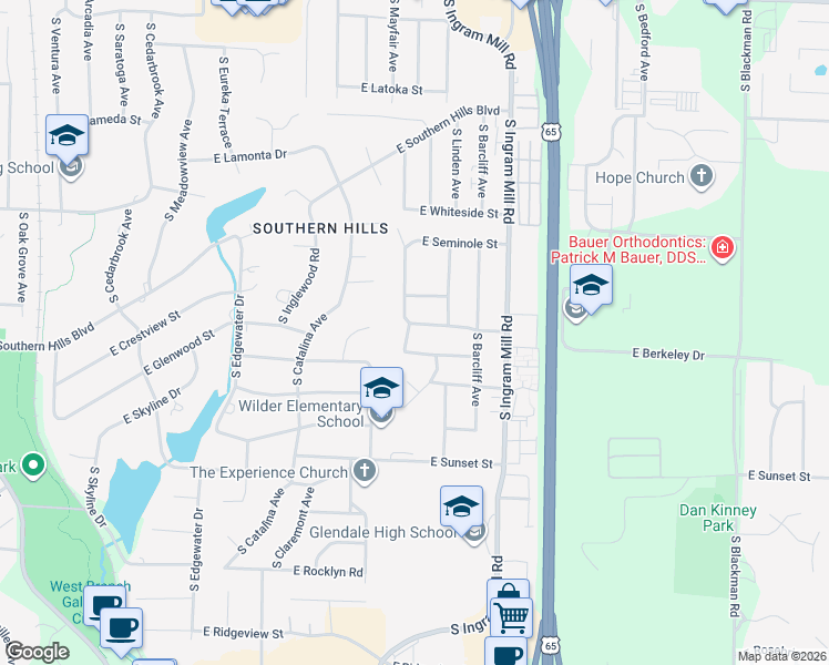 map of restaurants, bars, coffee shops, grocery stores, and more near 3230 East Berkeley Street in Springfield