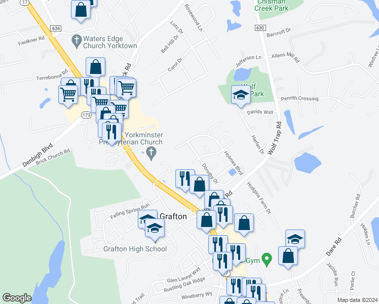 map of restaurants, bars, coffee shops, grocery stores, and more near 411 Dorothy Drive in Yorktown