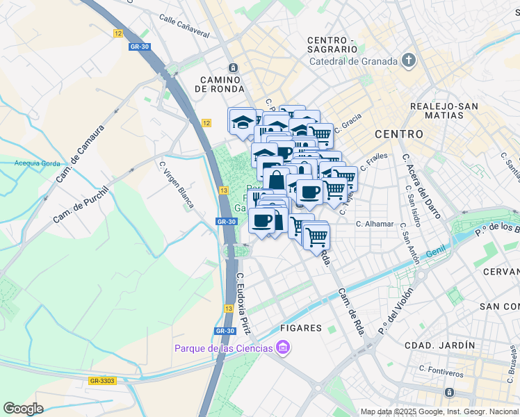 map of restaurants, bars, coffee shops, grocery stores, and more near Calle Virgen Blanca in Granada