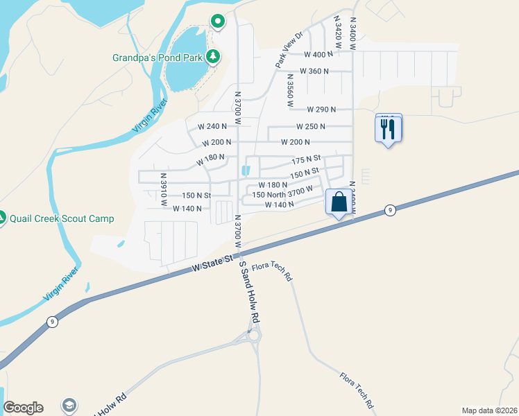 map of restaurants, bars, coffee shops, grocery stores, and more near 150 North 3700 West in Hurricane
