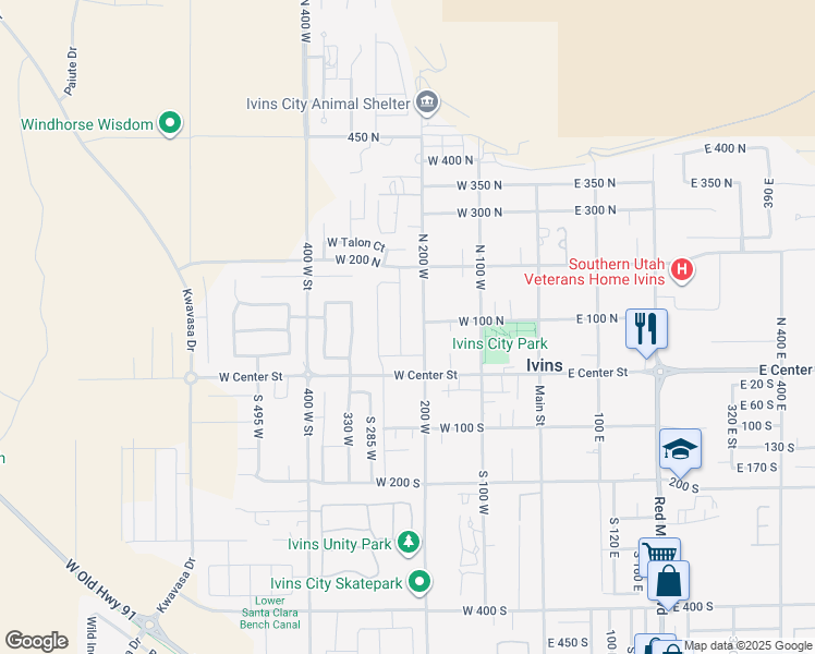 map of restaurants, bars, coffee shops, grocery stores, and more near 88 Apex Lane in Ivins