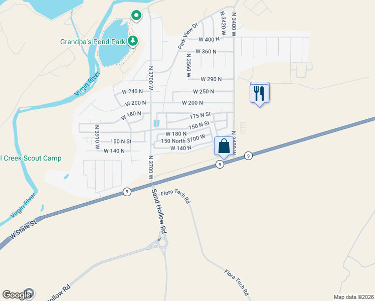 map of restaurants, bars, coffee shops, grocery stores, and more near 150 North 3700 West in Hurricane