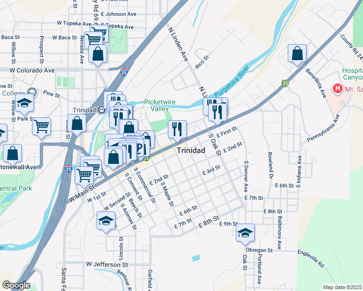 map of restaurants, bars, coffee shops, grocery stores, and more near 401 East Main Street in Trinidad