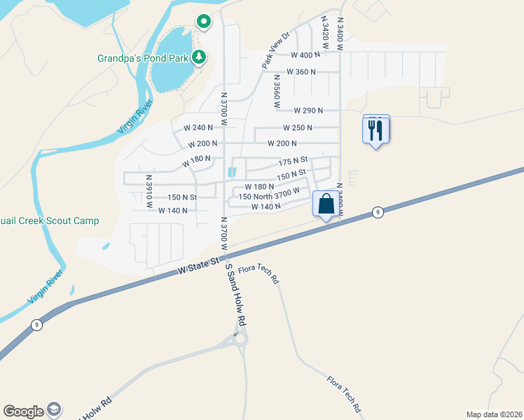 map of restaurants, bars, coffee shops, grocery stores, and more near 150 North 3700 West in Hurricane