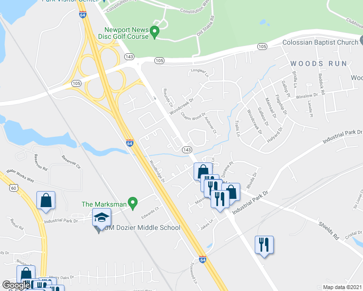 map of restaurants, bars, coffee shops, grocery stores, and more near 3523 Woodbridge Drive in Newport News
